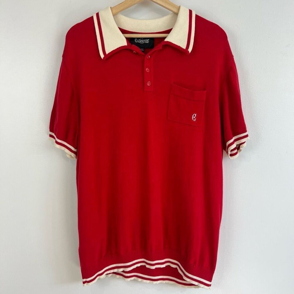 Vintage Collectif London Men’s 2XL Red White Striped Rugby Polo Shirt Knit
